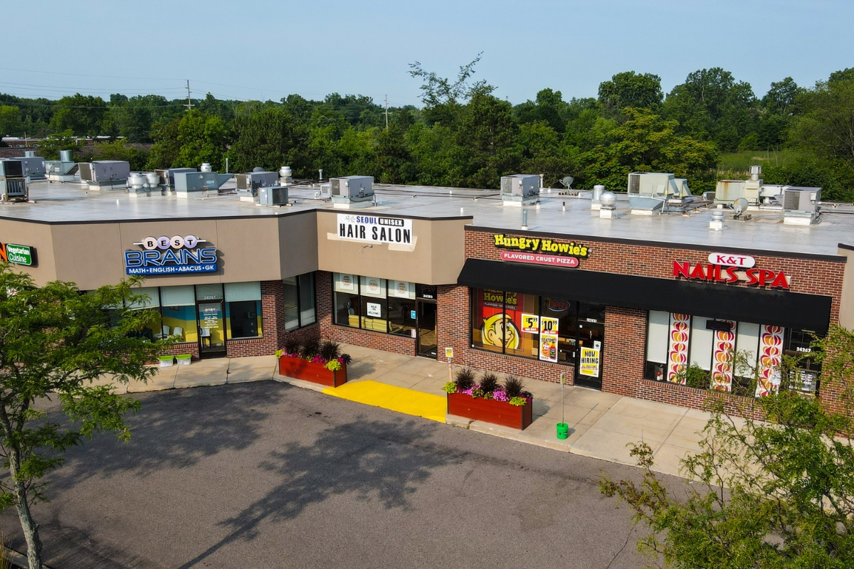 aerial view of shopping center 